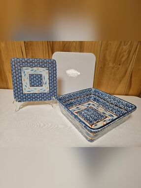 Temptations By Tara Old World BLUE Casserole Dish, Hot Plate, Lid- 3 PC SET